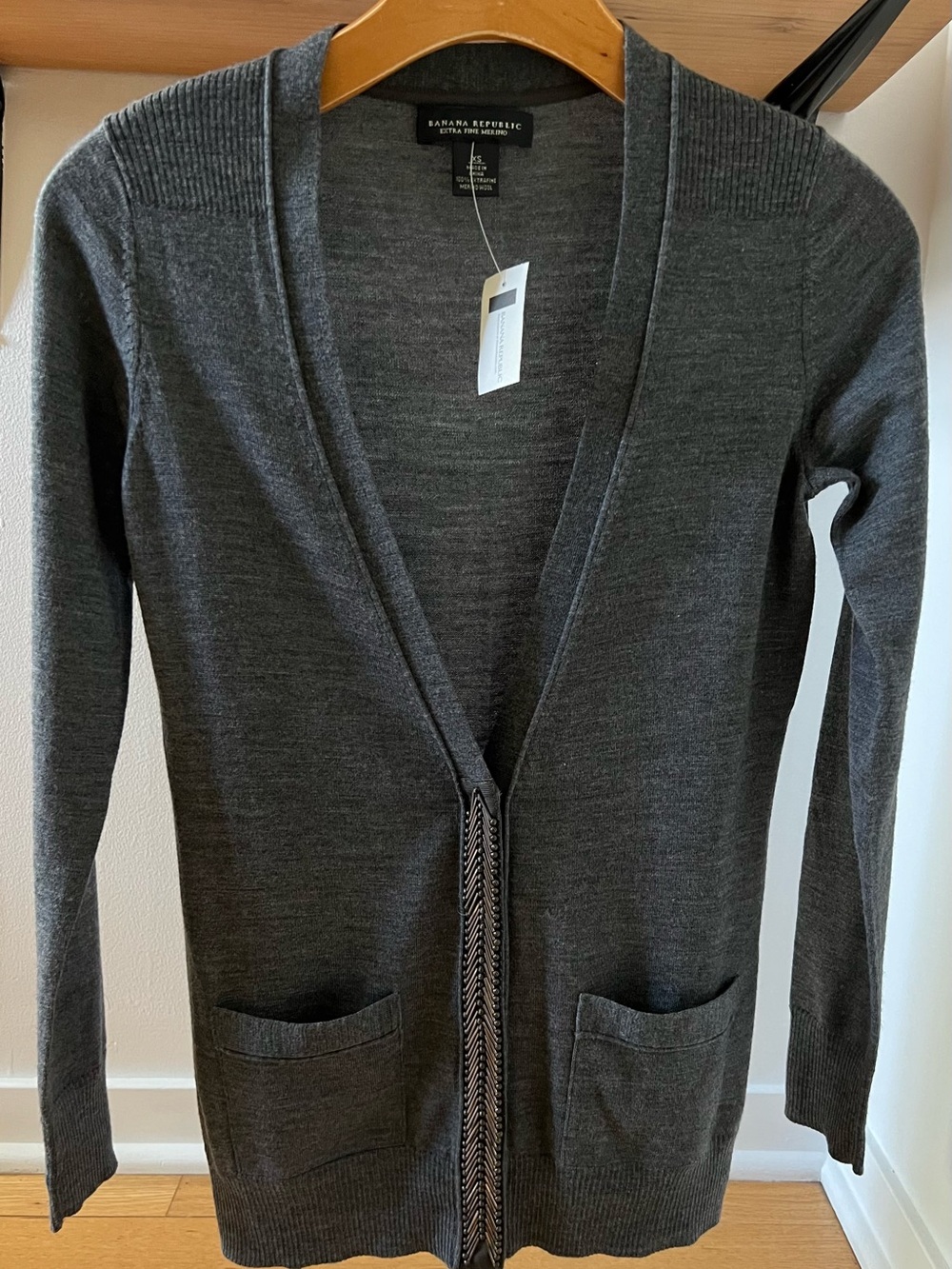 Banana Republic Dark Charcoal Gray 100% Marino Wool Open Cardigan